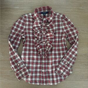 POLO Ralph Lauren girls red plaid ruffle long sleeve button blouse shirt top 8
